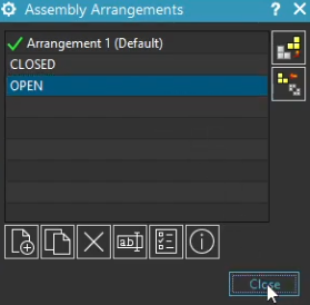 Creating two new assembly arrangements named 'CLOSED' and 'OPEN' to manage the angular position of the valve hardware.