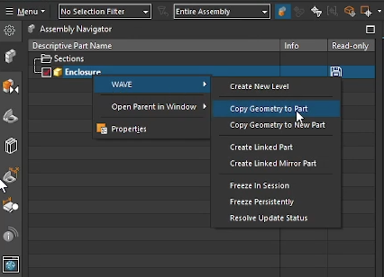 Navigating to the WAVE menu and selecting 'Copy Geometry to Part' in Siemens NX to create an associative link between assembly components.