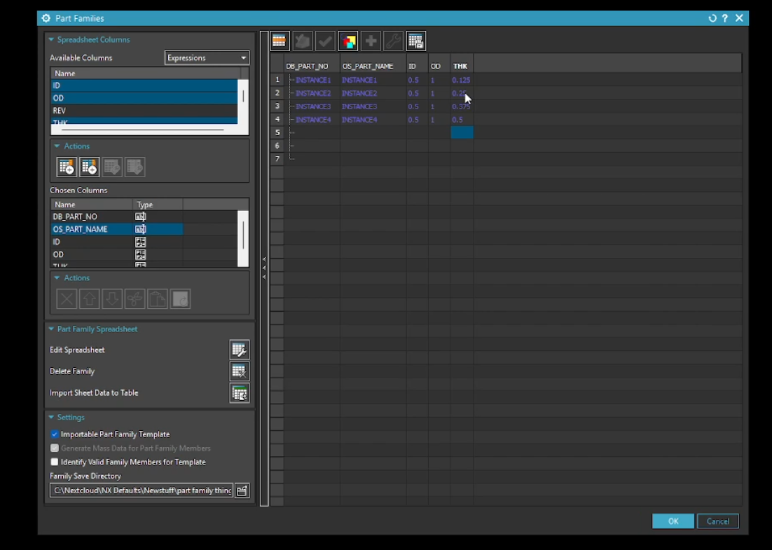 Configuring the Siemens NX Part Family spreadsheet with unique instances (INSTANCE1 through INSTANCE4) based on varying thickness values.