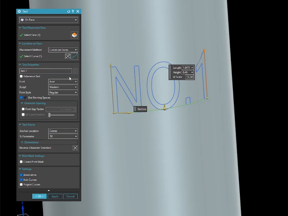 Configuring the Text command in Siemens NX: Setting placement method to 'Curves on Faces' and adjusting kerning for professional CAD labeling.