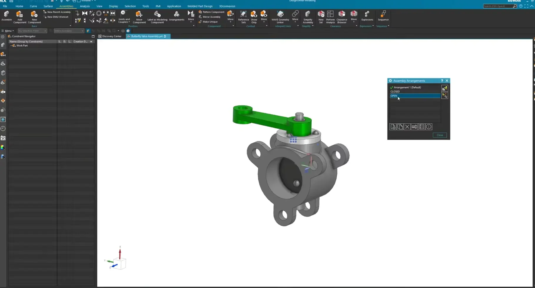 Configuring Assembly Arrangements in Siemens NX, showing the active checkmark assigned to the new 'OPEN' position variant in the layout panel.