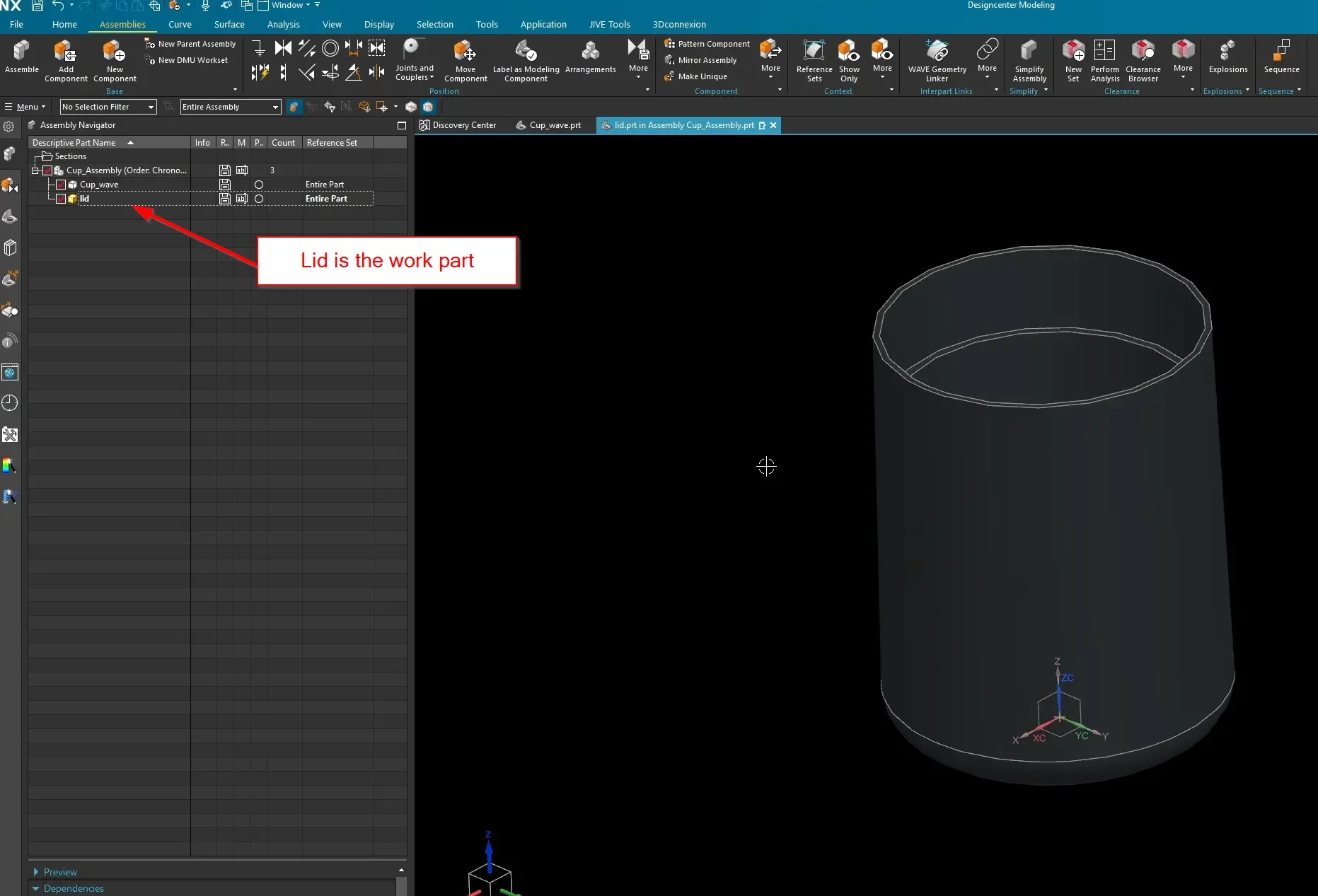 The Assembly Navigator tree inside Siemens NX, showing the newly created child component named lid activated as the current work part with a gold box icon.