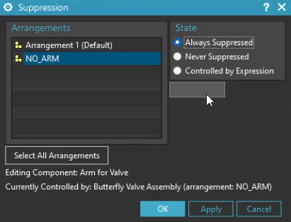The Suppression dialog in Siemens NX showing the 'NO_ARM' arrangement set to 'Always Suppressed' for a specific assembly component.