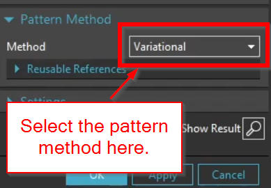 Choosing the Variational Pattern Method in Siemens NX to allow patterned features to adapt to changing face geometry and maintain design intent across complex surfaces.