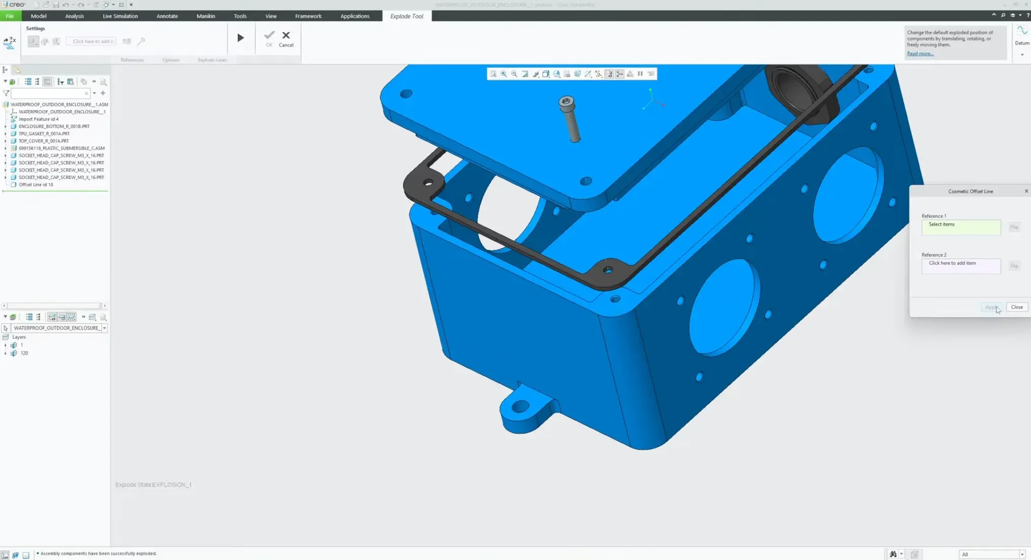 Selecting mating cylindrical surfaces in PTC Creo to construct an associative dashed cosmetic explode line between fasteners and mounting holes.