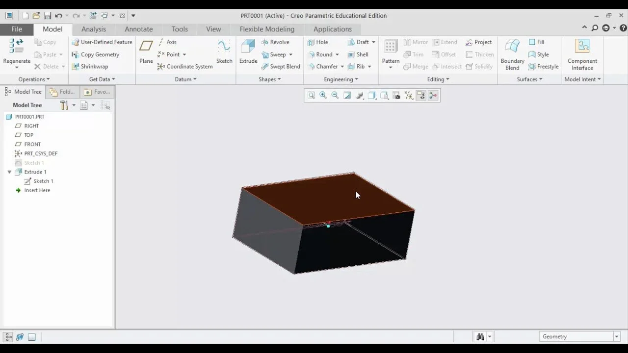 Introductory PTC Creo Parametric training lesson on 3D extrusions, sketch relations, and foundational design intent.