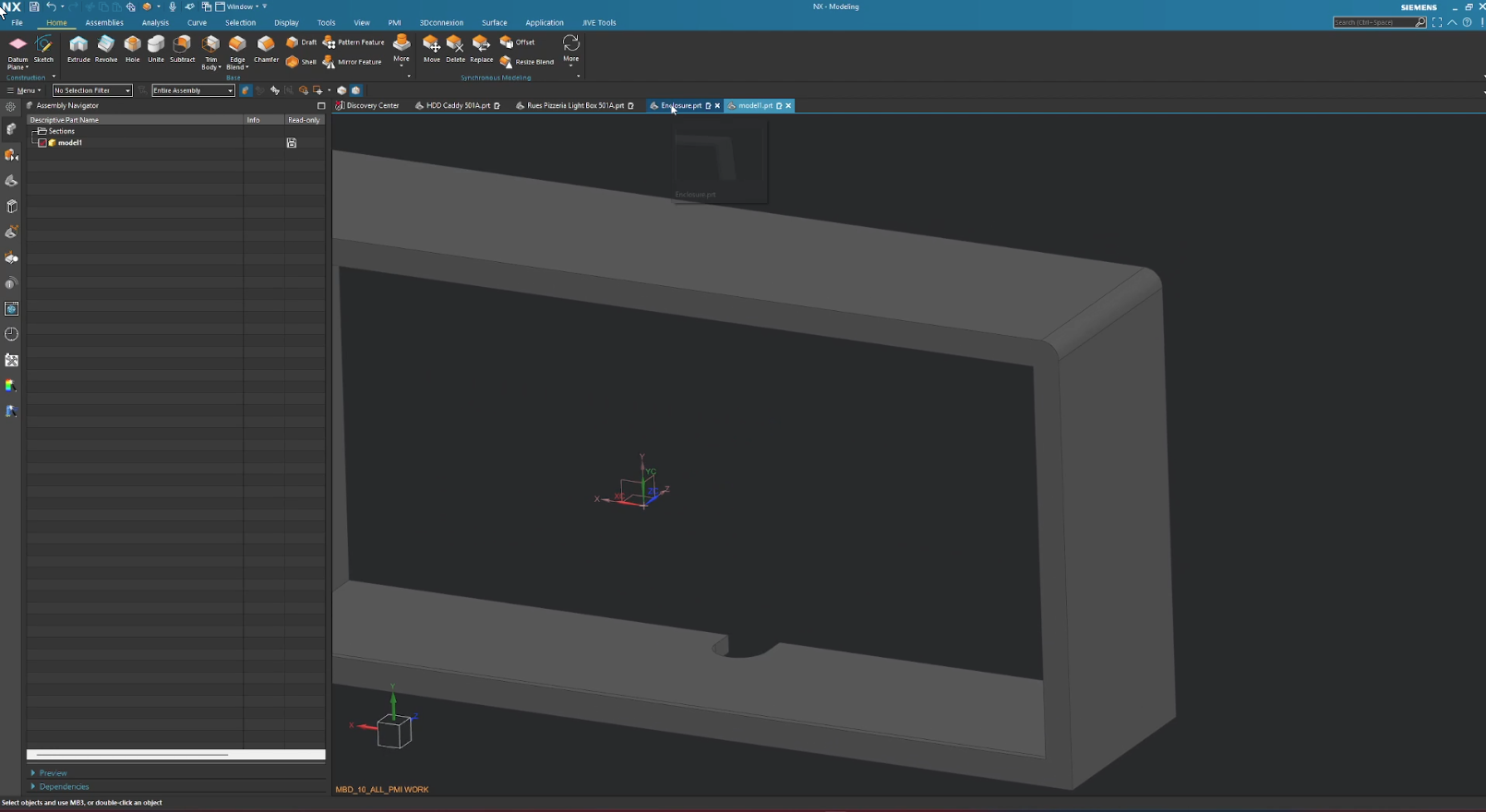 The completed linked solid body in the target part window, ready for downstream modeling while maintaining associativity to the master enclosure.