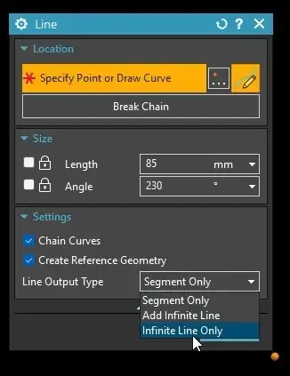 Using the Infinite Line Only setting inside the Siemens NX 2506 sketch solver to place an infinite parametric construction centerline for rotational symmetry.
