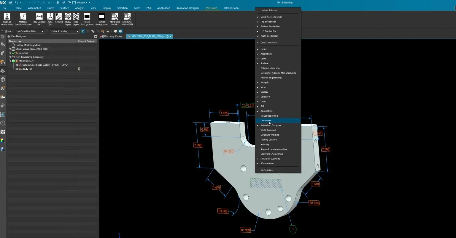 Right-clicking the Siemens NX ribbon interface to activate the Developer tab and access macro recording tools.