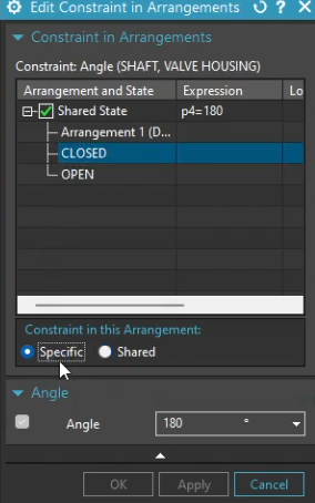 Setting the Angle Constraint to 'Specific' for the 'CLOSED' arrangement in Siemens NX, allowing for a unique value of 180 degrees.