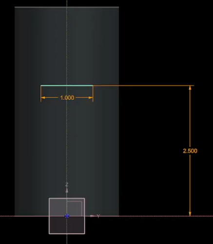 A 2D sketch in Siemens NX on a tangent datum plane, showing a 1-inch horizontal line positioned 2.5 inches from the base to serve as a placement guide for text.
