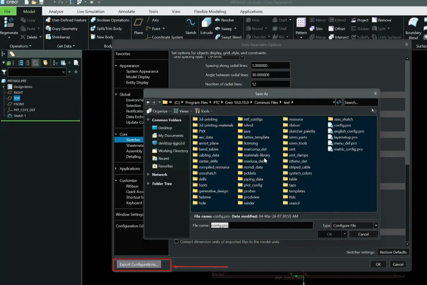 Clicking Export Configurations in the PTC Creo Options window, showing the Save As dialog box targeting the Common Files text directory to save the master config.pro file.