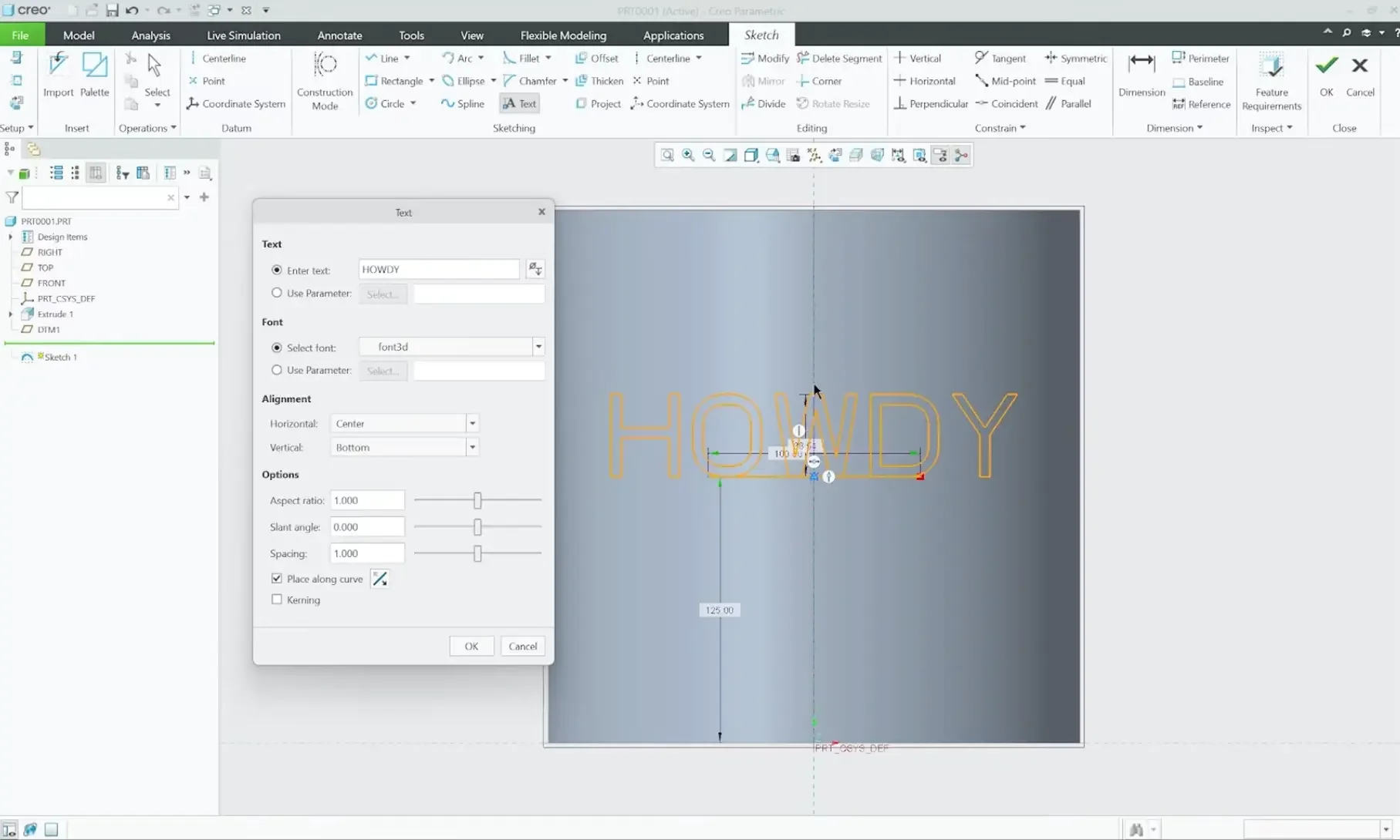 Using the Text tool within the Creo Parametric sketcher to align a text string centered along a horizontal construction line curve.