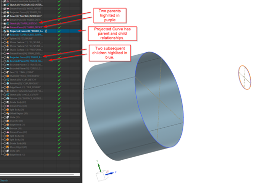 Understanding Parent-Child Relationships in Siemens NX: A guide to the Part Navigator history tree, showing how projected curves maintain associative links between sketches and downstream surface features.