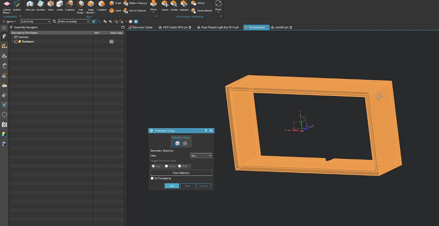 Using the NX Interpart Copy command to select a solid body enclosure for associative linking into a secondary part file.