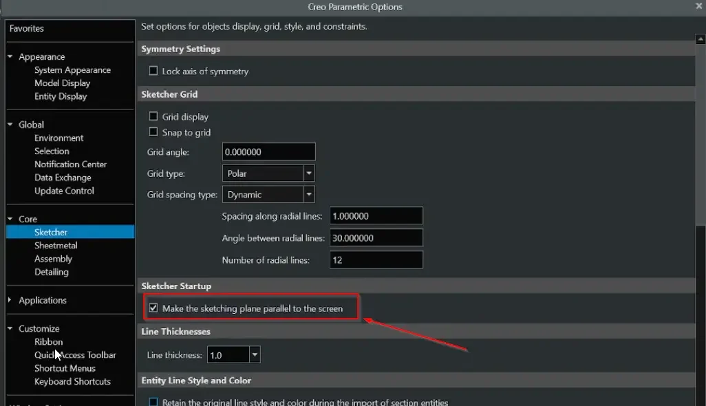The Sketcher Startup settings group inside the PTC Creo Options panel, highlighting the checked option for Make the sketching plane parallel to the screen.