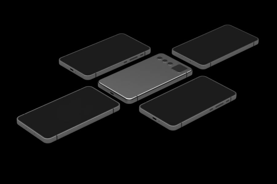 An isometric 3D CAD layout showing five sleek mobile smartphone devices arranged in a symmetrical cross pattern, highlighting industrial design consistency.