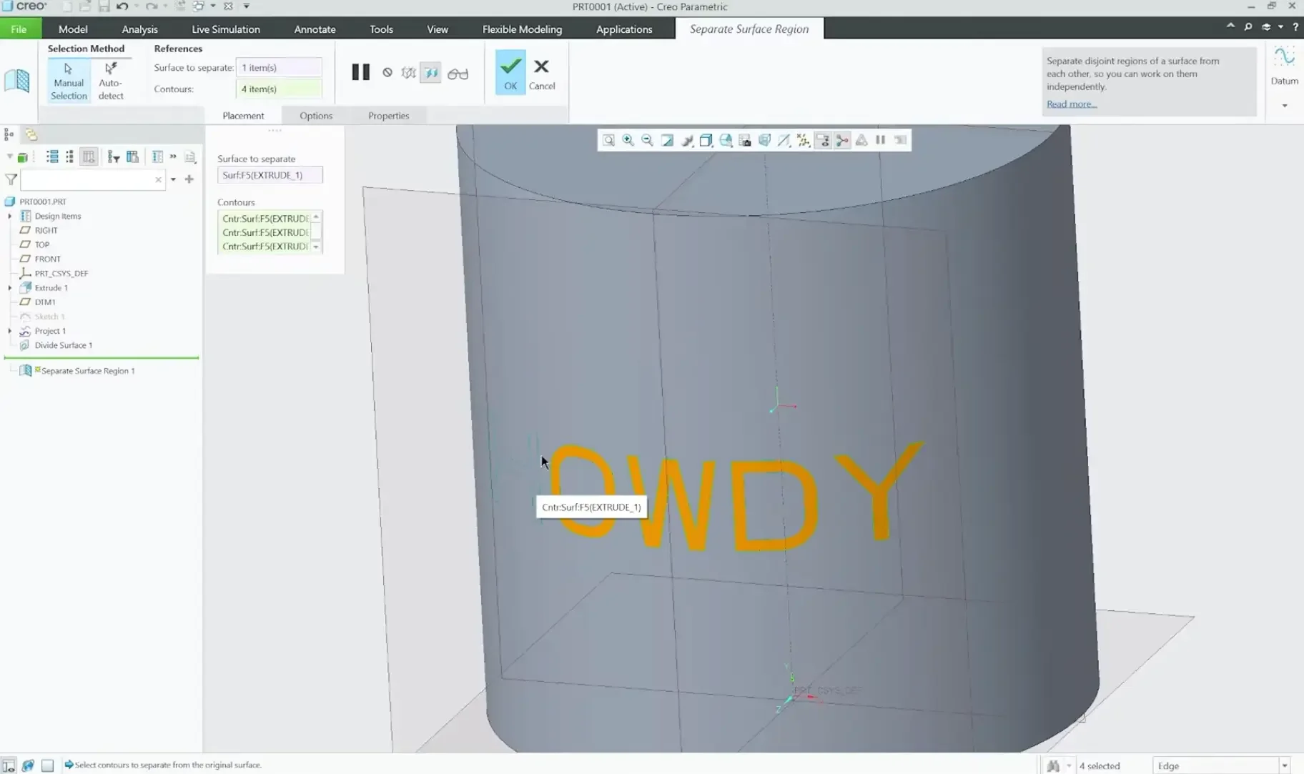 Using the Separate Surface Region feature in PTC Creo Parametric to subdivide a combined text loop into individual independent letter faces.