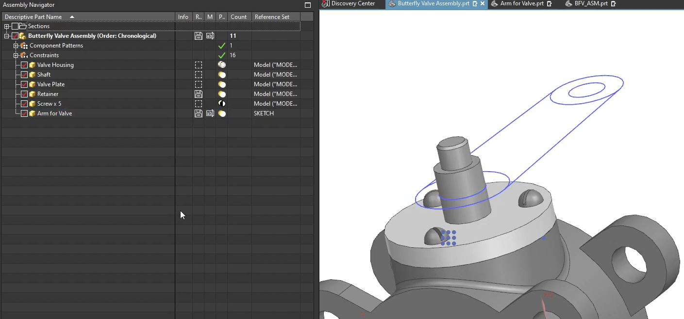 The final result in the NX graphics window showing a butterfly valve arm represented only by its 2D sketch geometry via a Reference Set.