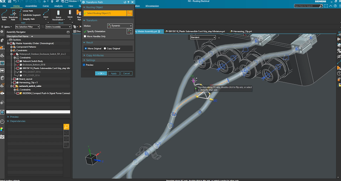 Screenshot of Siemens NX software interface showing a 3D model of a cable routing project. The left panel displays the assembly navigator with a list of components. The central area shows a detailed view of cable connections, with highlighted path transformations. Top menu and toolbars feature options for assembly, curve, and analysis functions.
