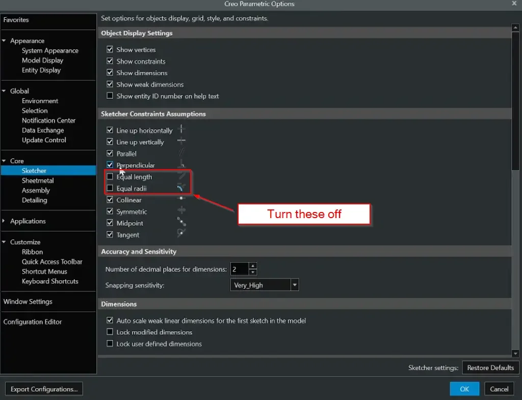 The Sketcher Constraints Assumptions menu within PTC Creo Parametric options, highlighting the removal of checks from the Equal Length and Equal Radii boxes.