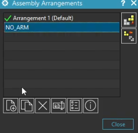 Creating and renaming a new configuration as 'NO_ARM' within the NX Assembly Arrangements manager for part suppression testing.
