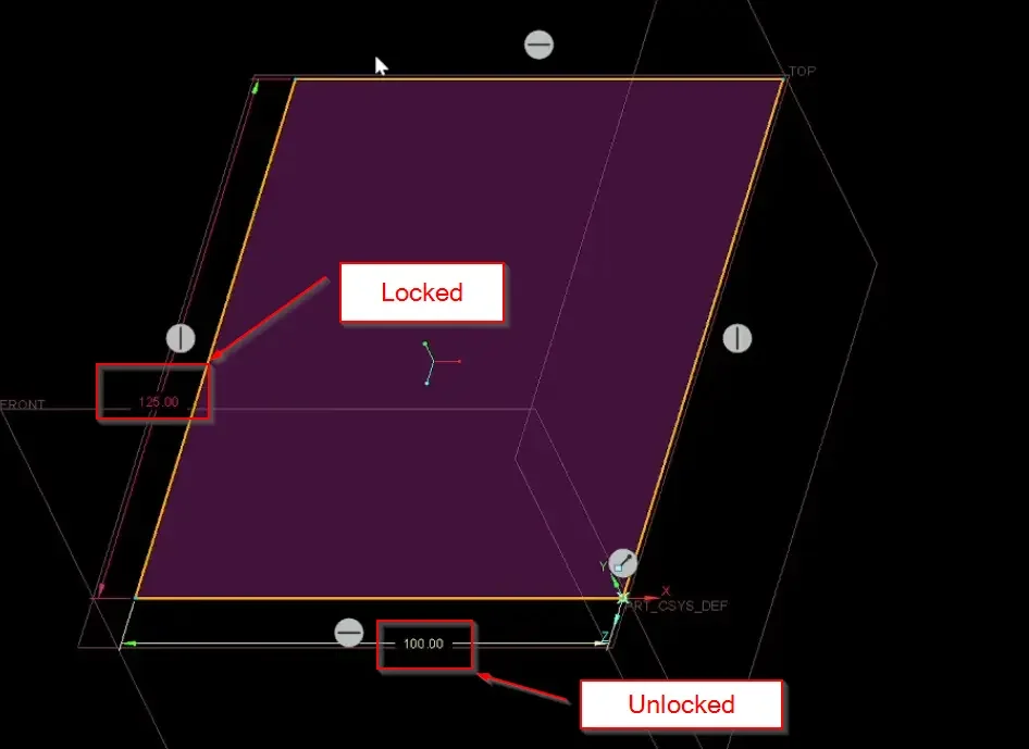 A 2D sketch constraint example in PTC Creo Parametric showing locked user-defined dimensions highlighted in a protective purple color to prevent accidental click-and-drag changes.