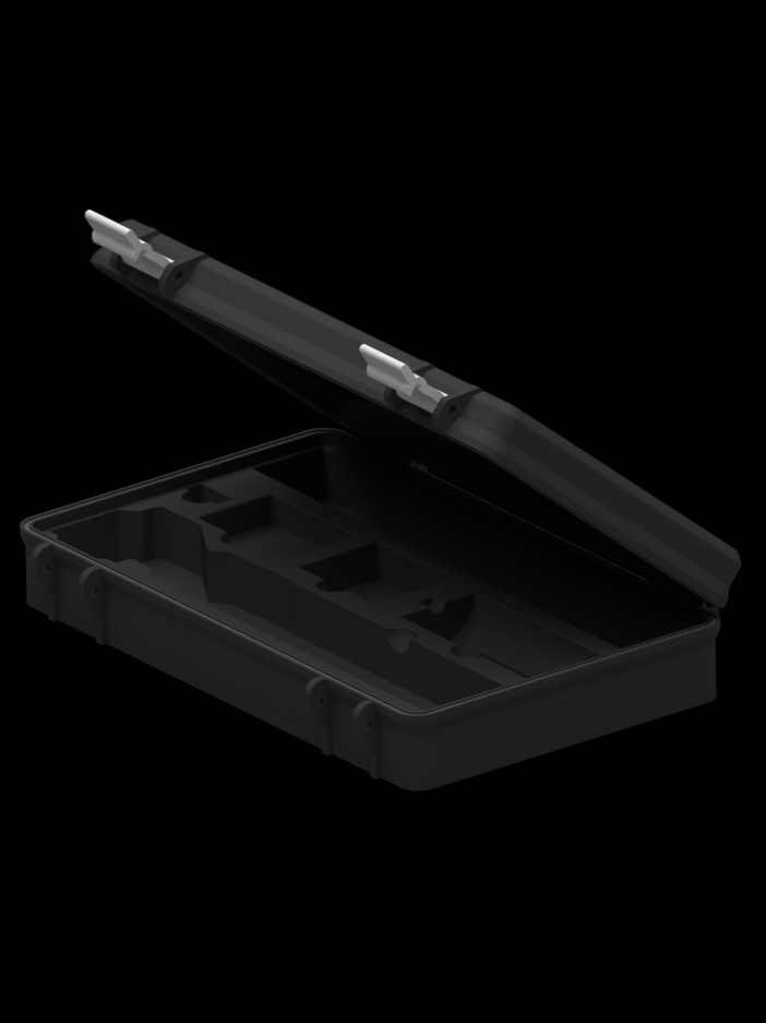 A professional 3D render of a ruggedized protective carrying case with an open lid, featuring custom-molded internal compartments for secure equipment storage.