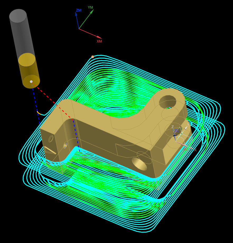 A Siemens NX CAM technical screenshot showing advanced adaptive milling toolpaths for high-speed machining of a complex mechanical bracket.
