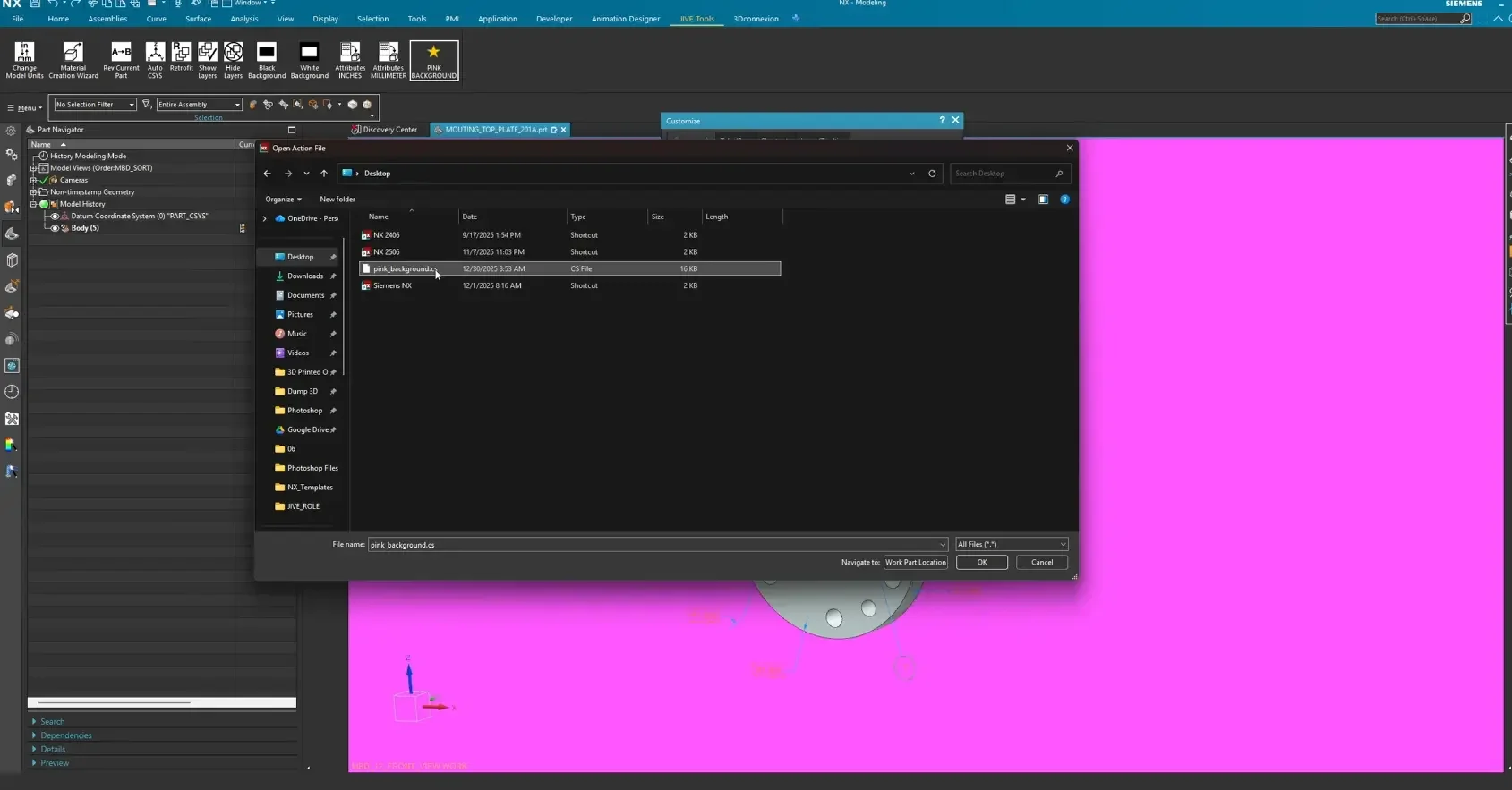 Browsing for a recorded .cs journal script inside the Edit Action menu of a custom Siemens NX user command.