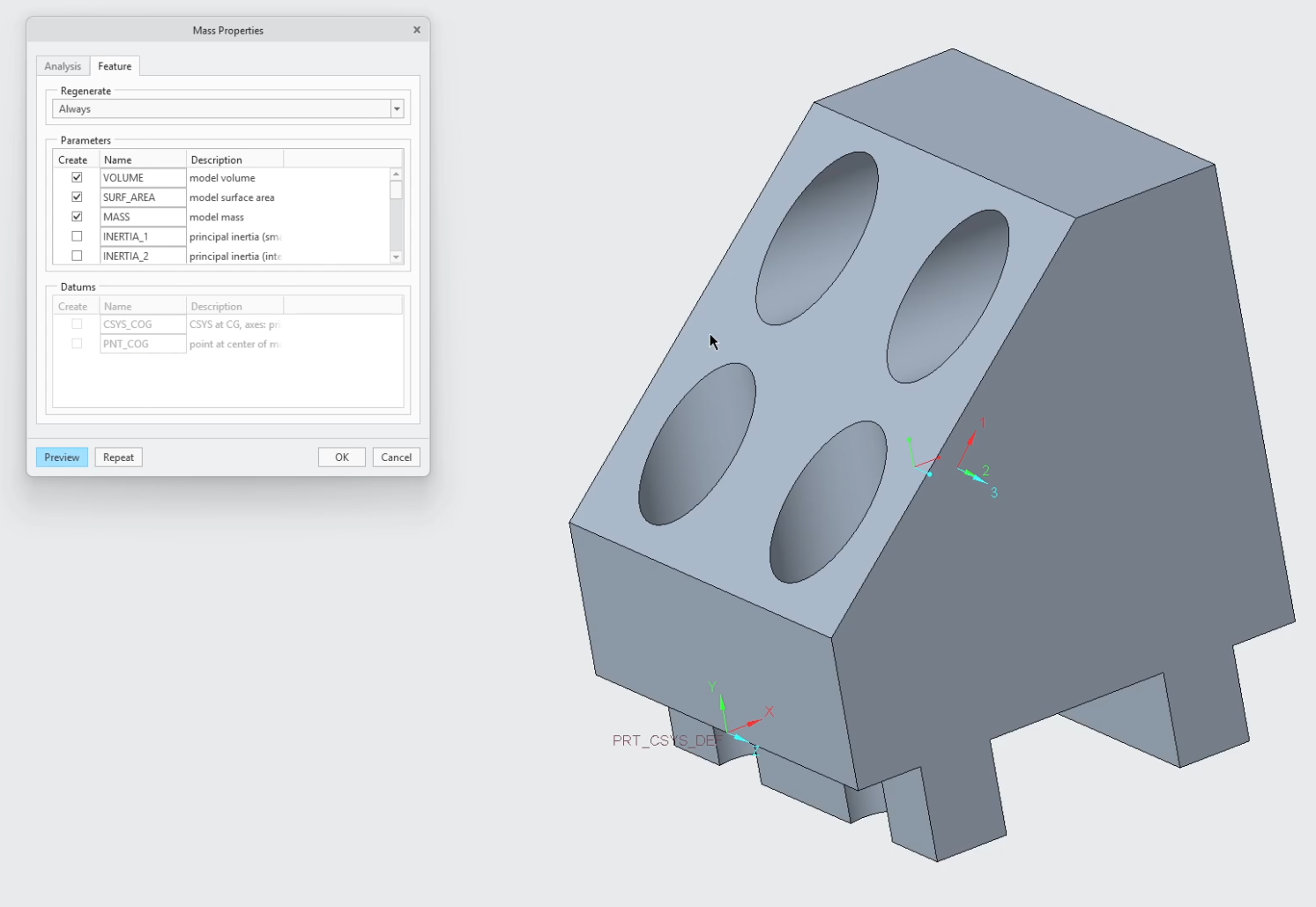 Creating a Mass Properties Feature in PTC Creo Parametric to generate associative parameters for volume, surface area, and mass that update automatically.