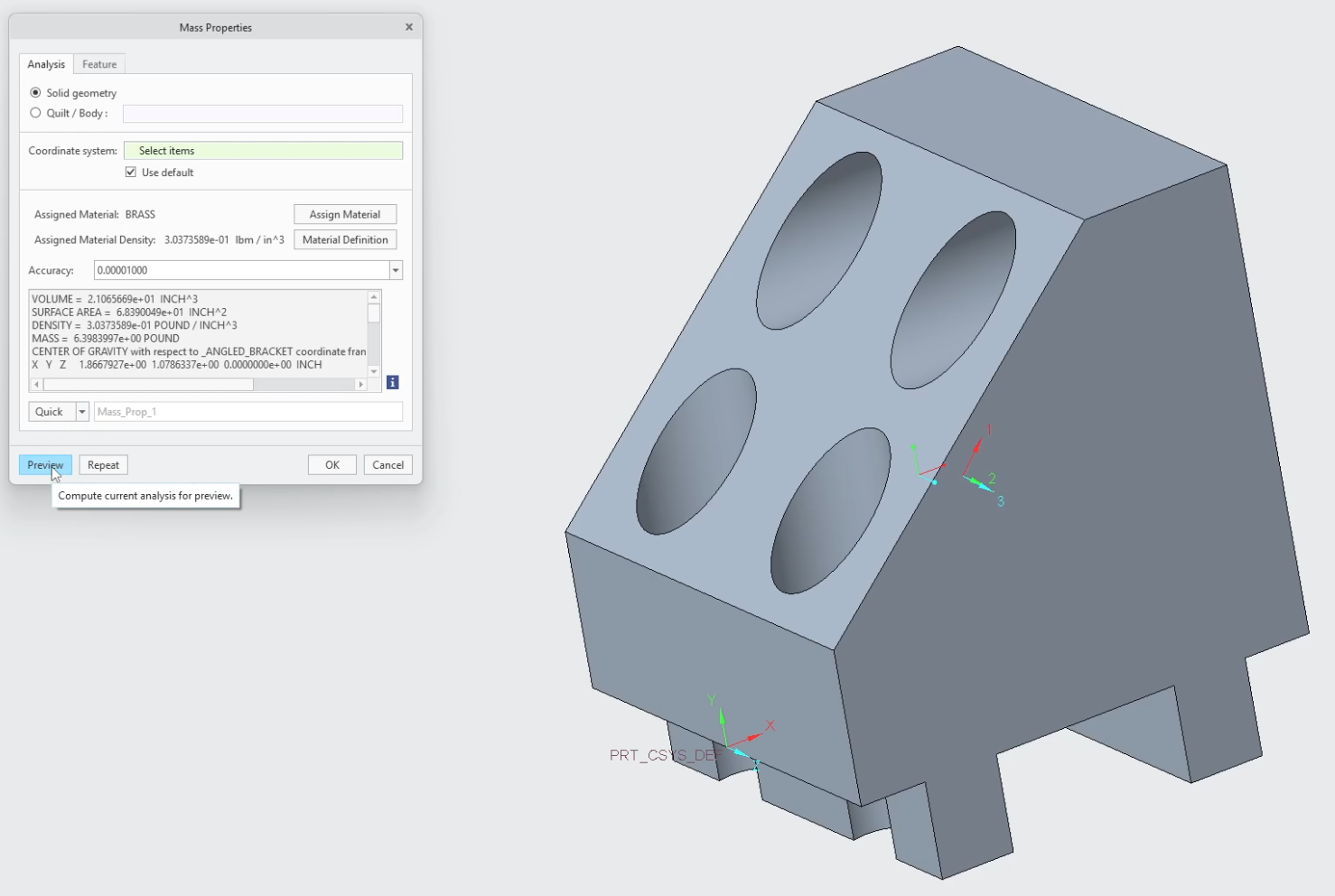 Using the Mass Properties Analysis tab in PTC Creo to calculate volume, surface area, and mass for an angled bracket with assigned Brass density.
