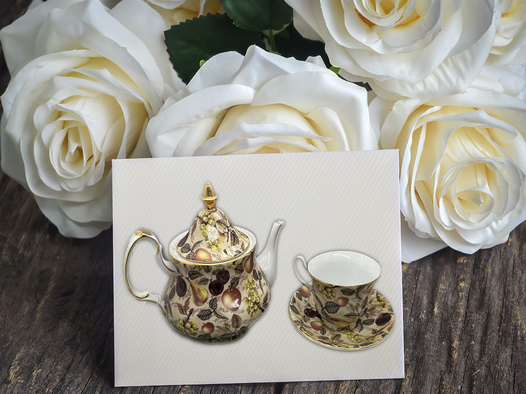 Fruit Bounty Teapot, Teacup, and Saucer