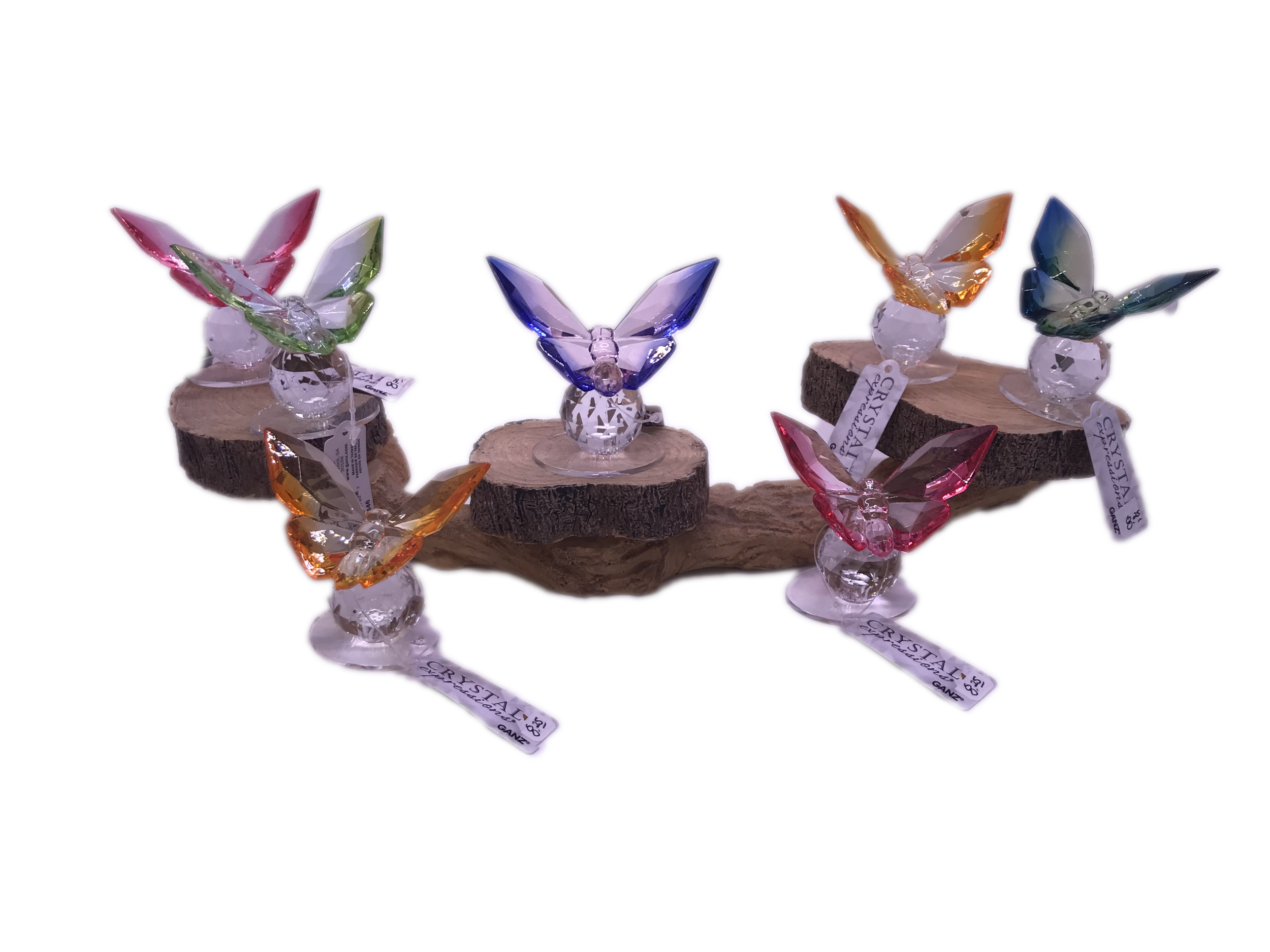 CRYSTAL BUTTERFLY FIGURINES:  Available in a myriad of colors Pink, Green, Yellow, Purple, Orange, and Blue, $8.25/each.