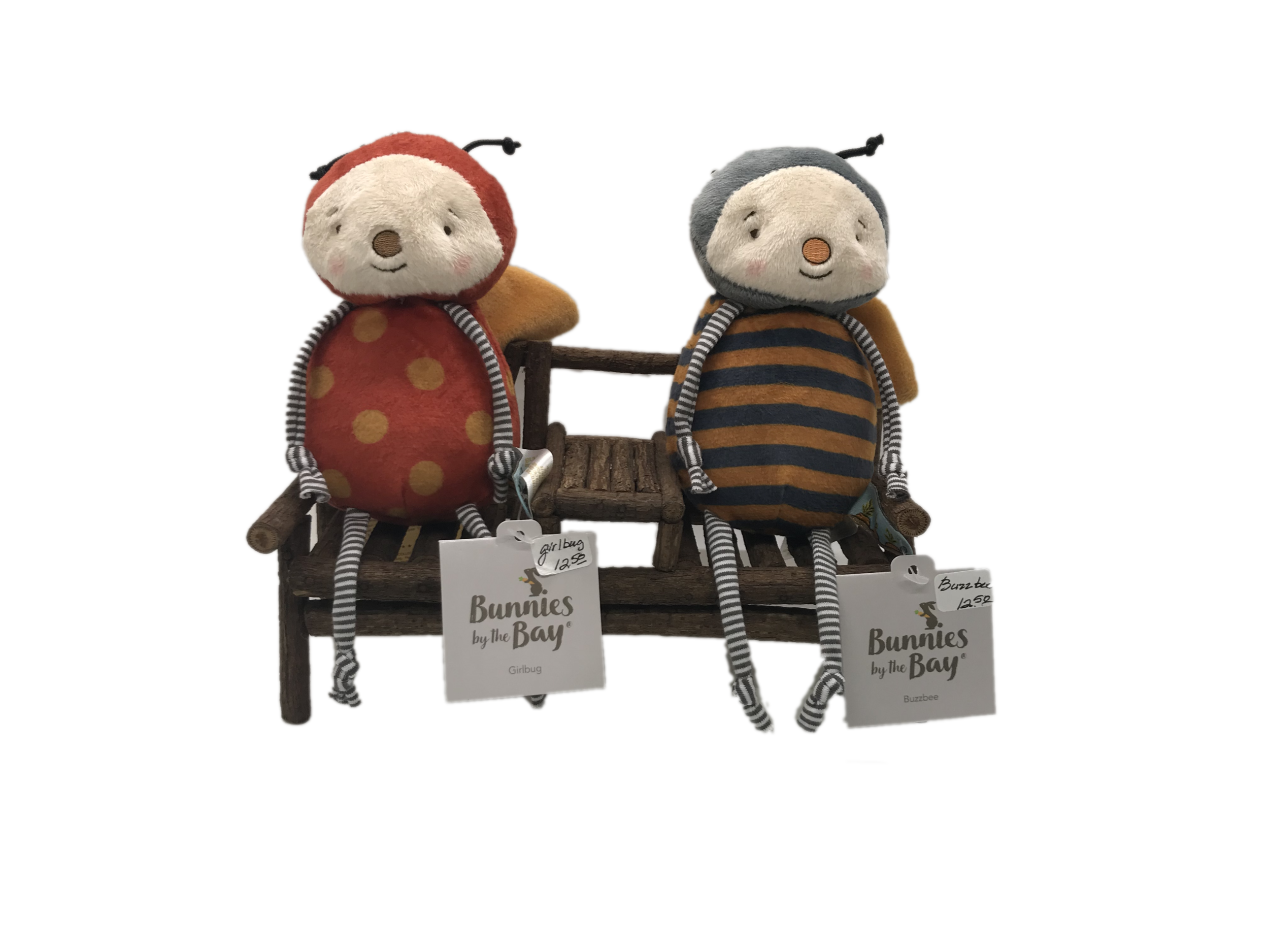 BUNNIES BY THE BAY FEATURING: Ladybug: $12.50 and Bee: $12.50 sitting  on Twig Bench: $12.95.