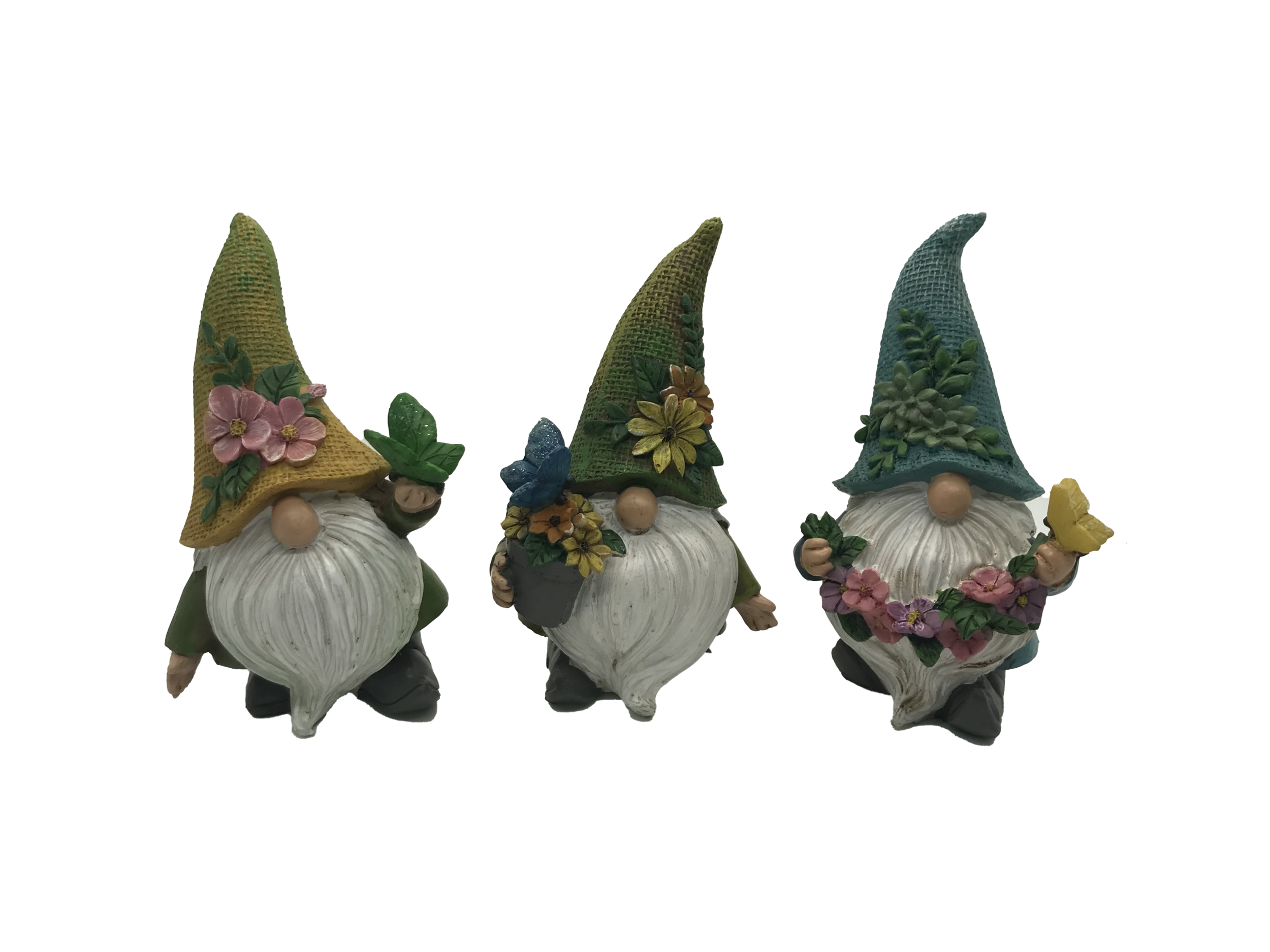 SUMMER GNOMES (RESIN): Available in 3 designs (Green, Blue, &amp; Yellow Butterfly): $10.95/each.