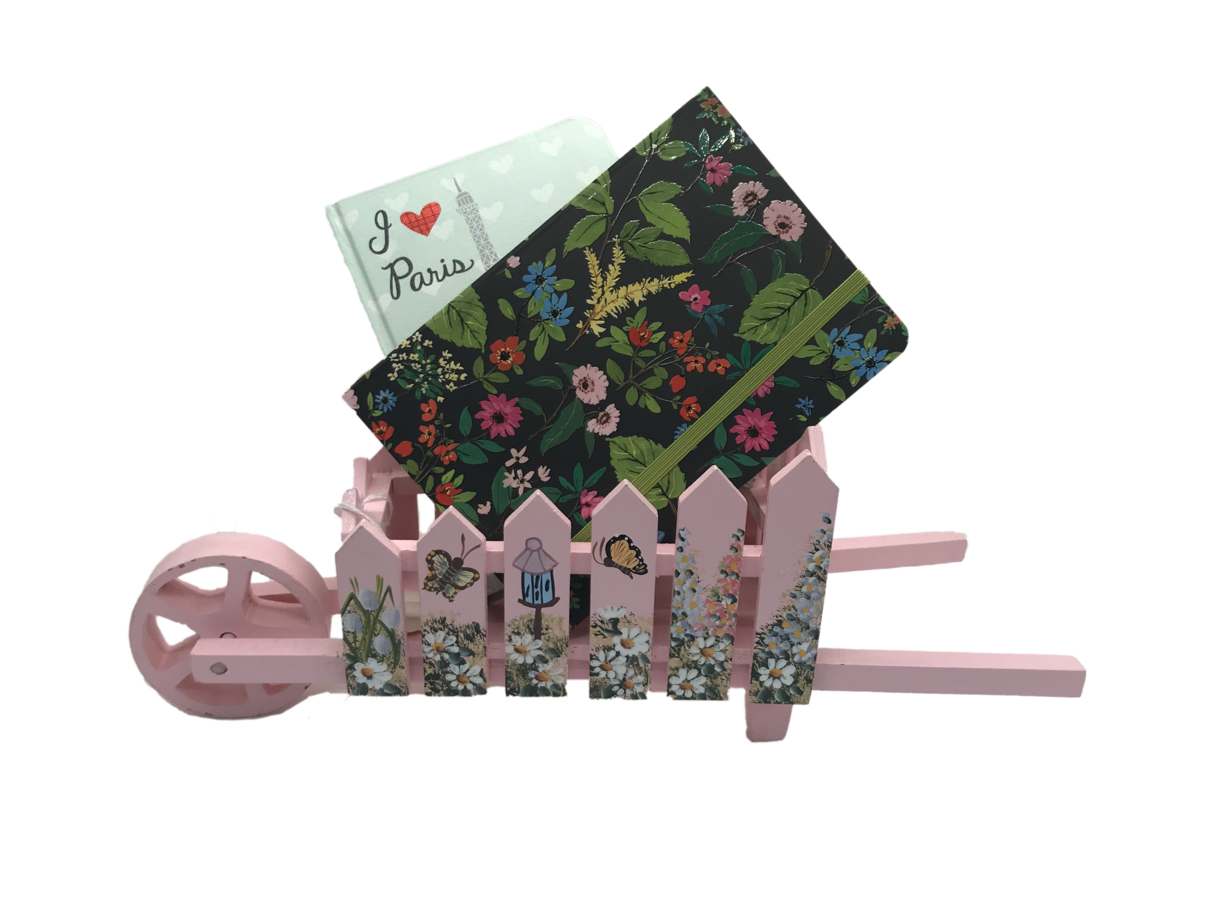 JOURNALS WITH SOFTCOVER NOTEBOOK (4.5” X 6.5): $12.50/ea. Cover art is accented with rose gold foil. 200 full color lined pages inside feature fun little border art elements. Elastic bungee closure keeps pages neat and tidy.   PINK DECORATIVE WHEELBARROW: $19.95