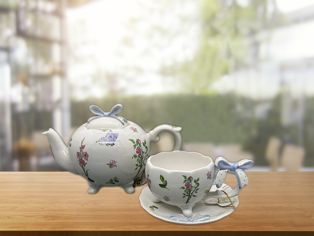Blue Bow Teapot, Cup and Saucer