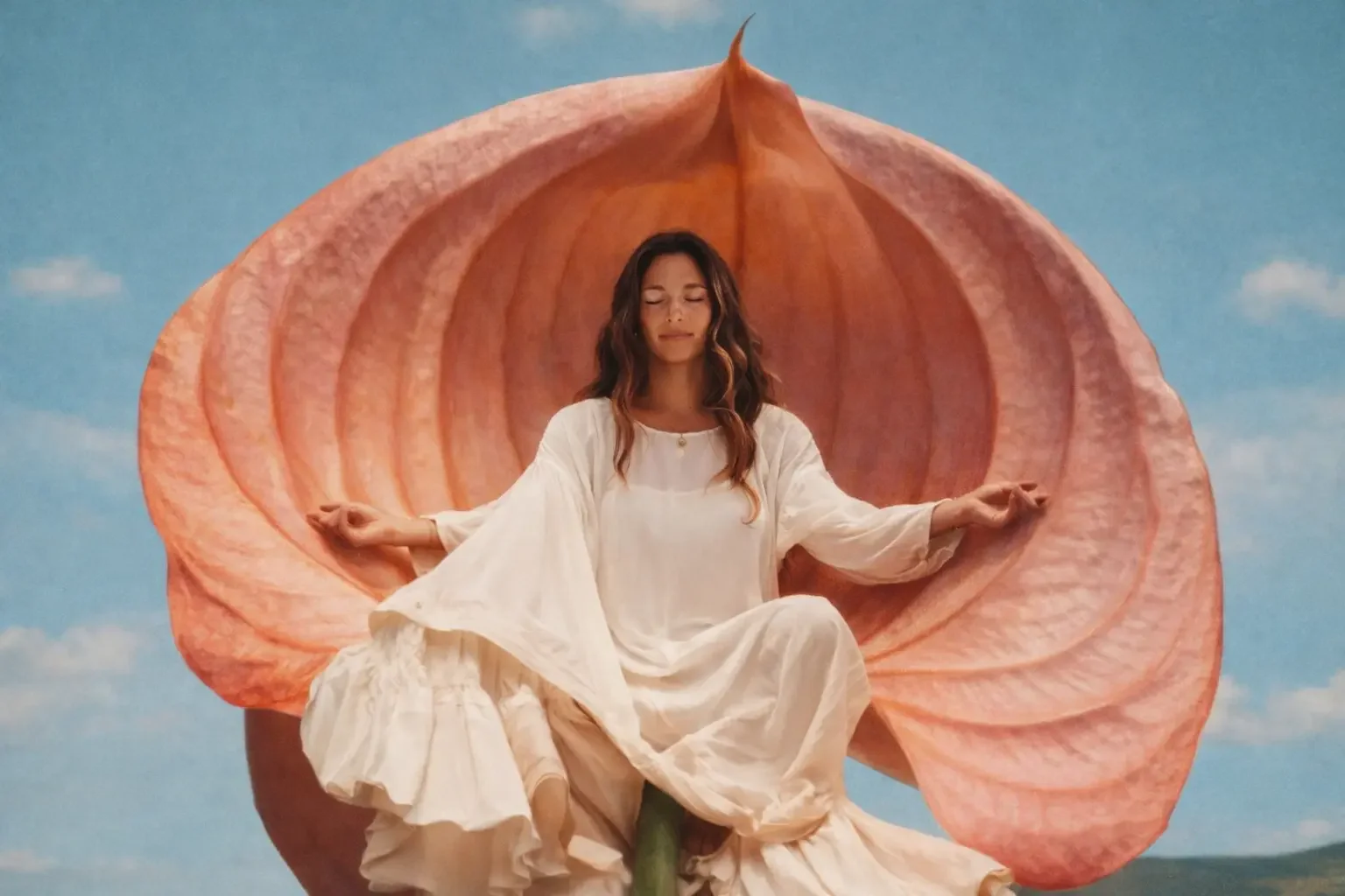 A woman dressed in white sitting cross-legged with eyes closed, positioned in front of a large, pinkish flower structure against a blue sky background.