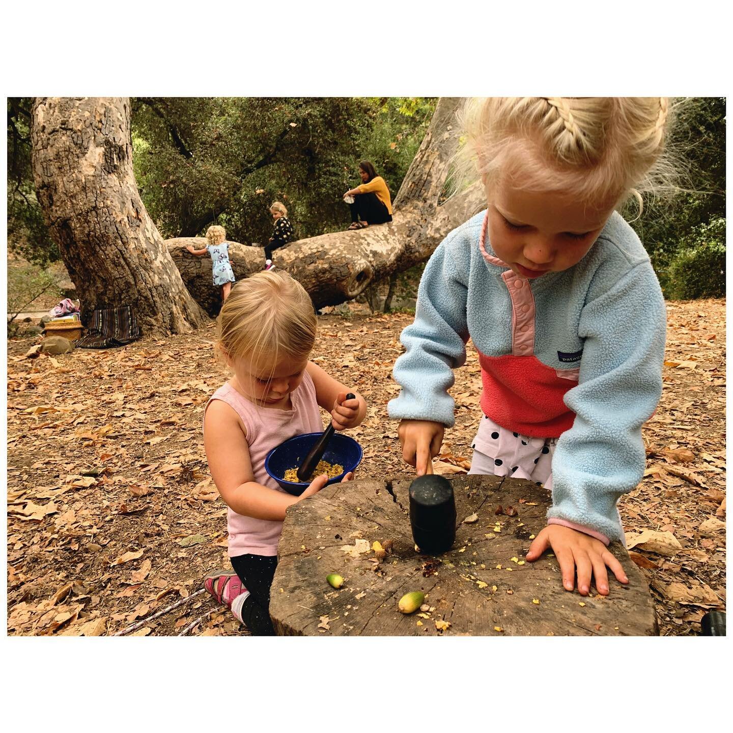 Today we spent a lot of time smashing acorns with rubber mallets, removing the meat, and then grinding it into &ldquo;acorn porridge&rdquo; with a pestle. This activity happened organically and evolved into an acorn party, for which we made decoratio