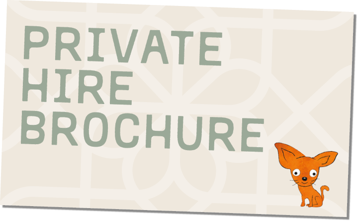 A brochure cover with the words 'PRIVATE HIRE BROCHURE' in large green letters and a cute orange cartoon dog in the bottom right corner.