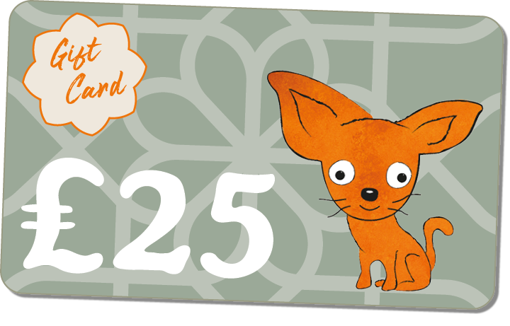 A gift card with a light green background, displaying a cartoon orange dog, independent café Wandsworth.
