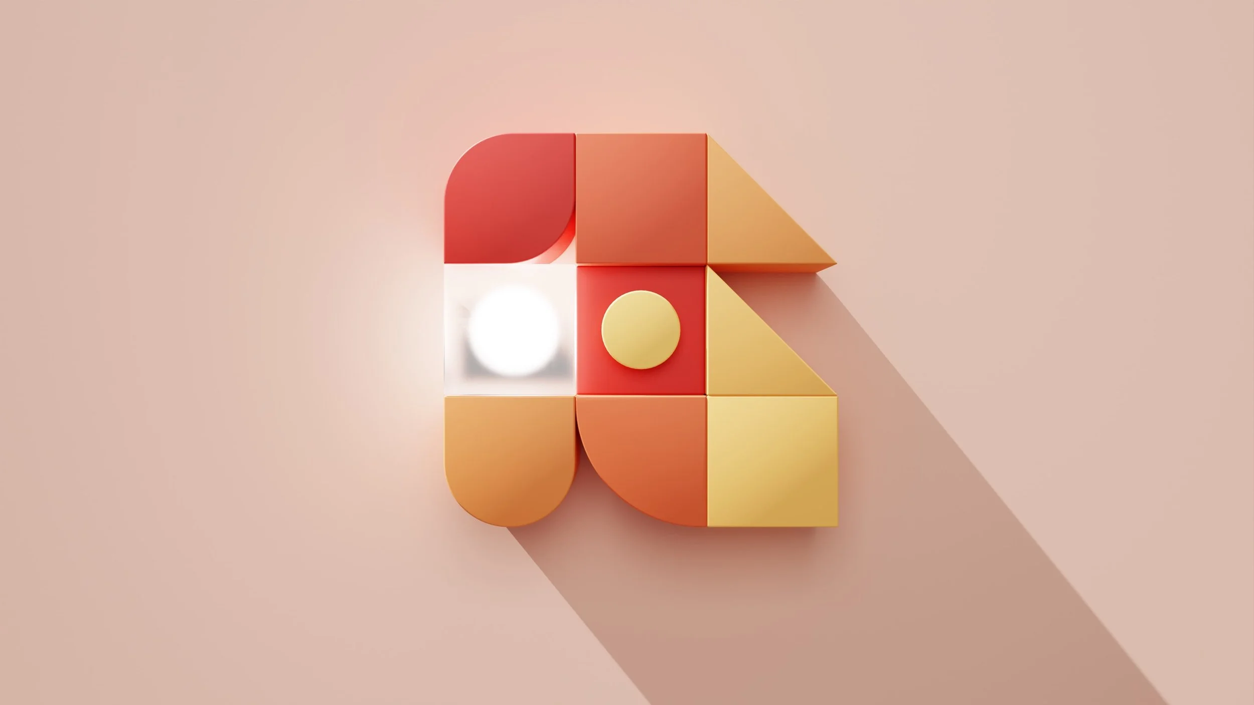 Red, orange, yellow abstract object with a white box and circle and a yellow circle in red box.