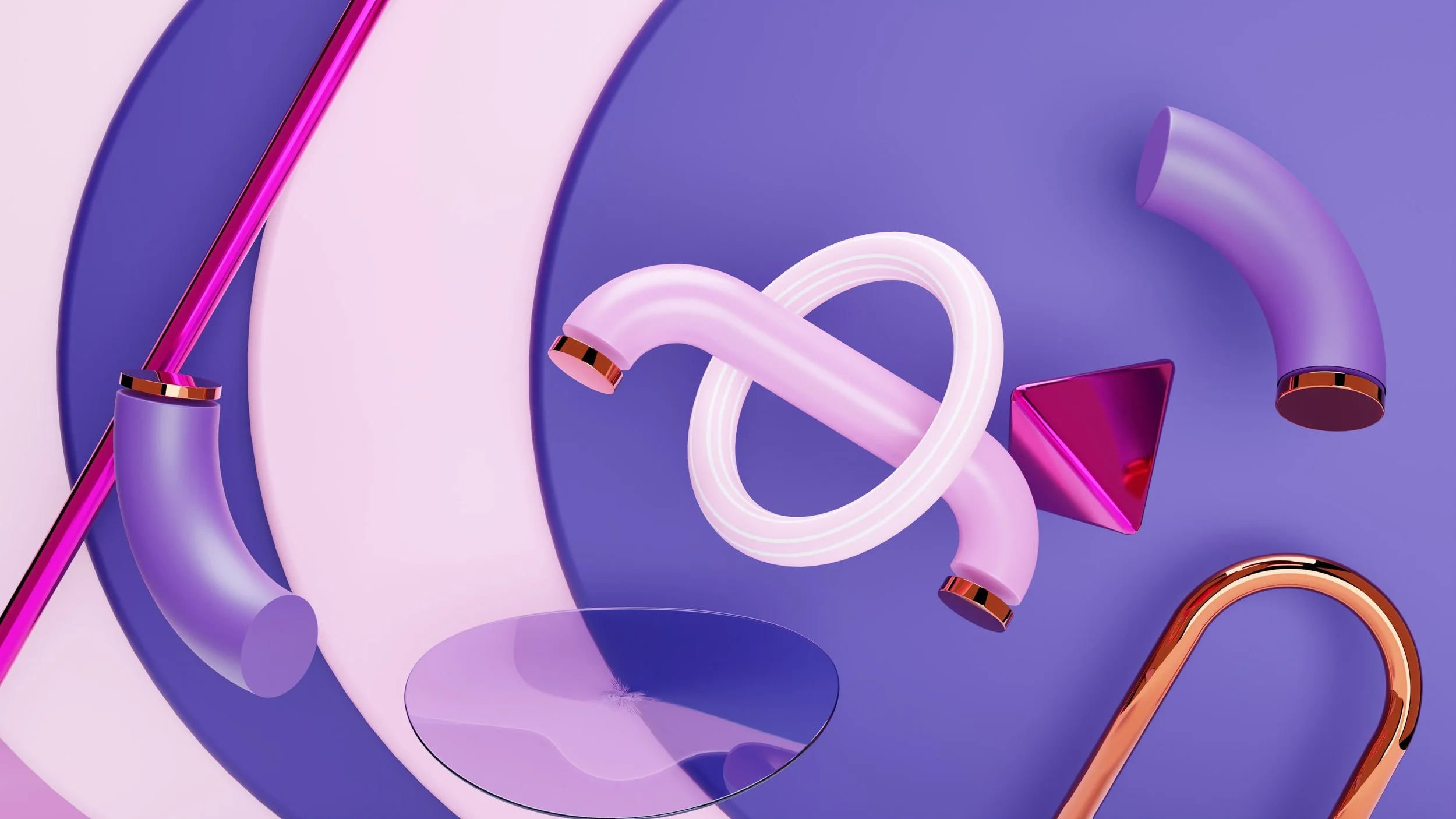 Abstract shapes, rounded and in pink, purple, gold. With tube going through a circle.