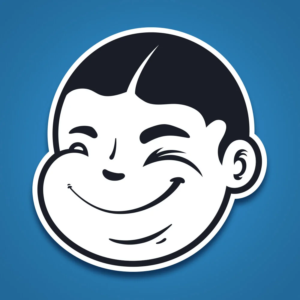 Illustrated logo design of a winking child.