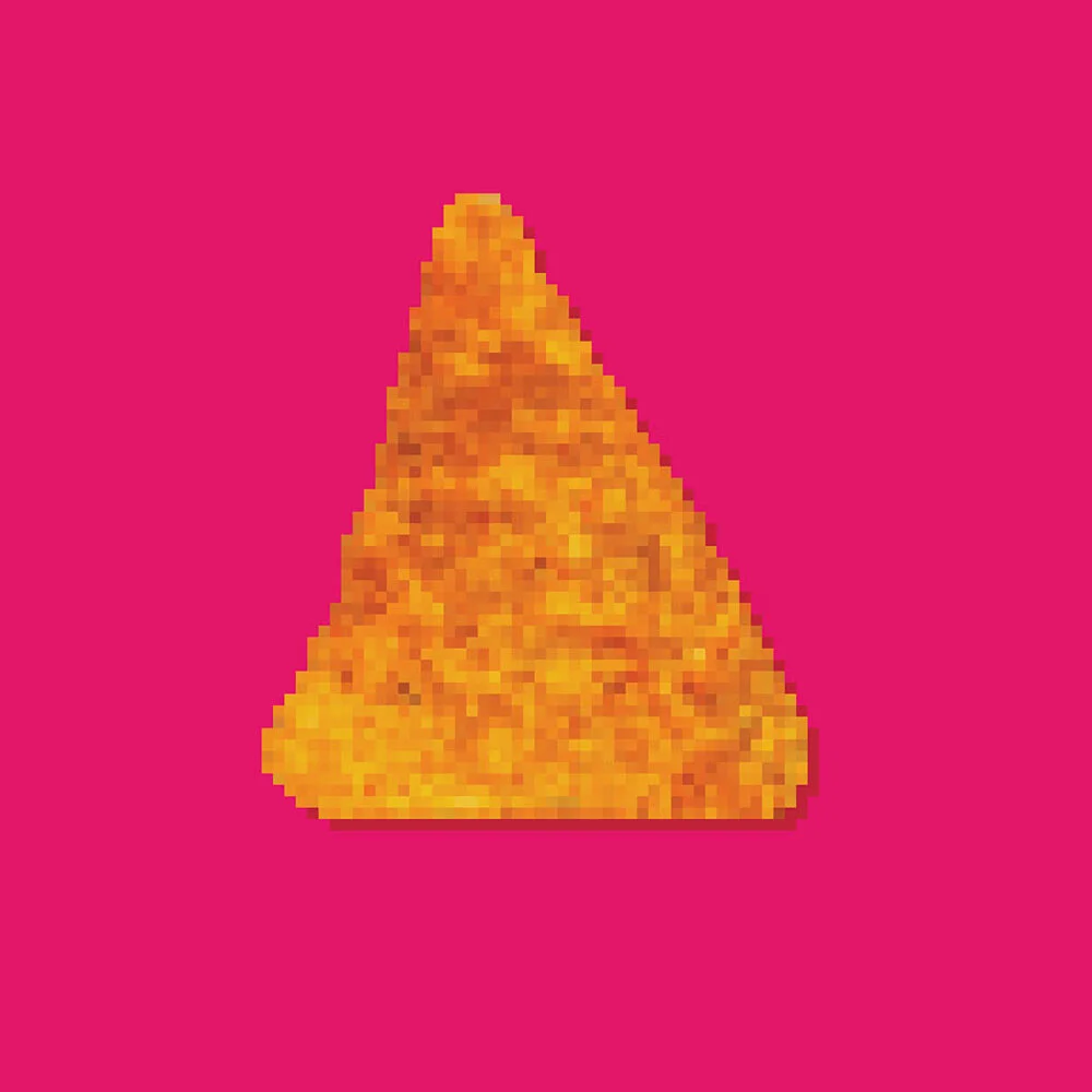 Digitized and pixelated artwork of a Doritos chip.