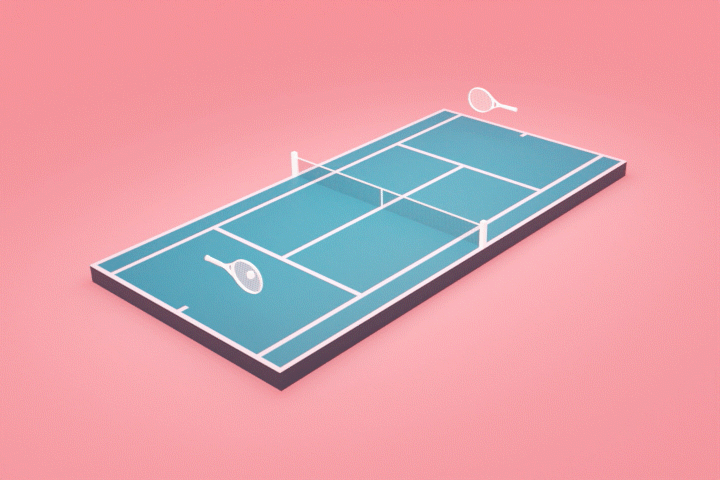 3D artwork featuring a stylistic tennis match.