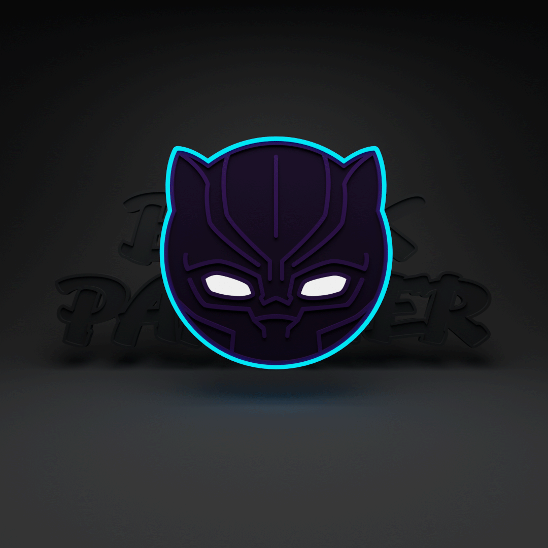 3D artwork featuring a stylized Black Panther mask floating in front of the words "Black Panther".