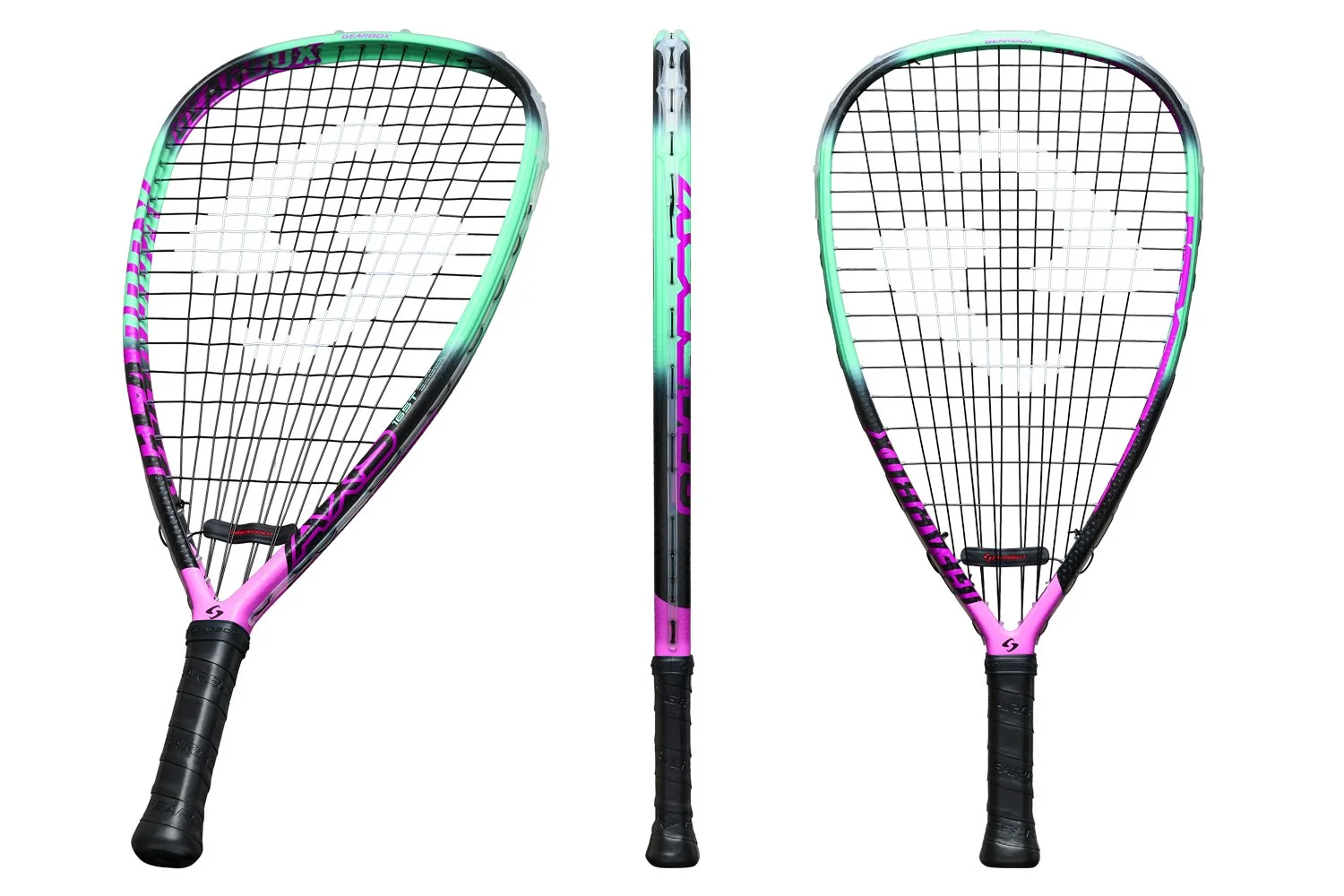 Professional e-commerce product photography featuring three angles of a teal and pink Gearbox racquetball racquet. 