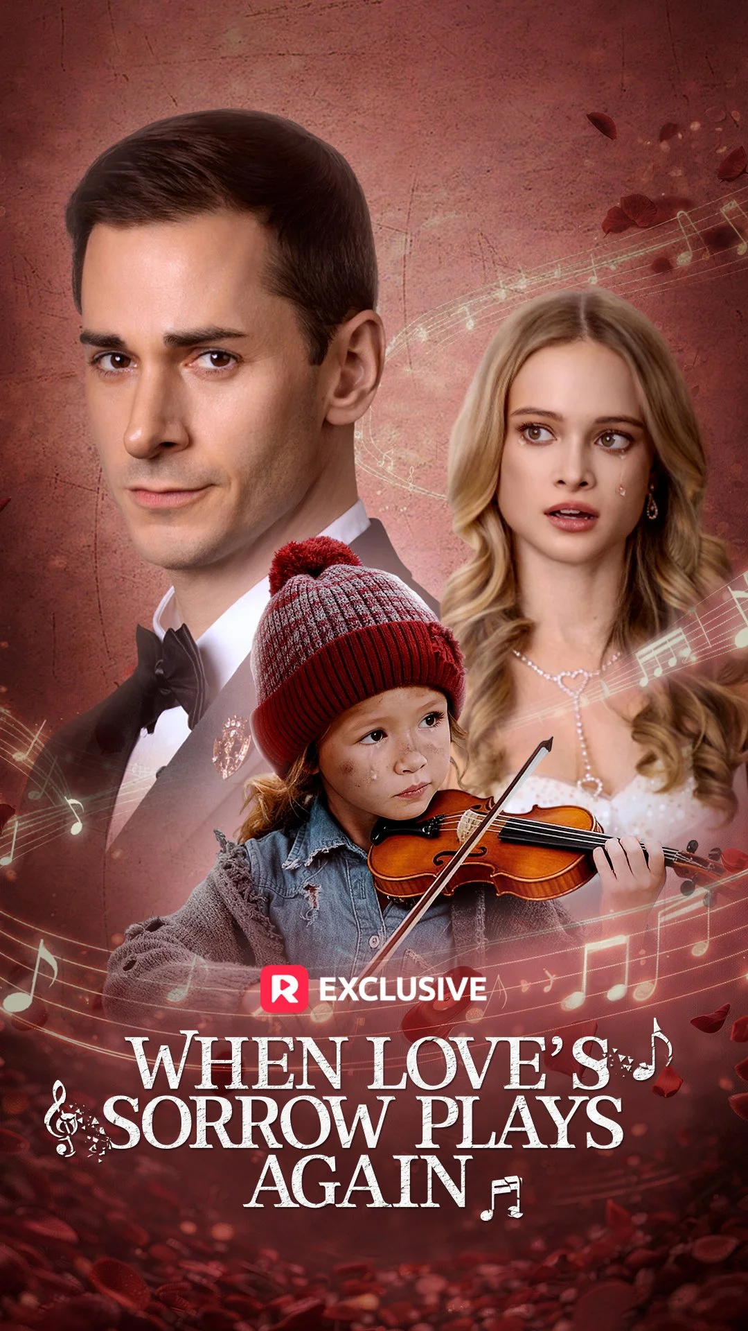  Key art for the vertical film 'When Love's Sorrow Plays Again' featuring a young man in a tuxedo, a young woman crying, and a child playing the violin, with musical notes and falling rose petals in the background.